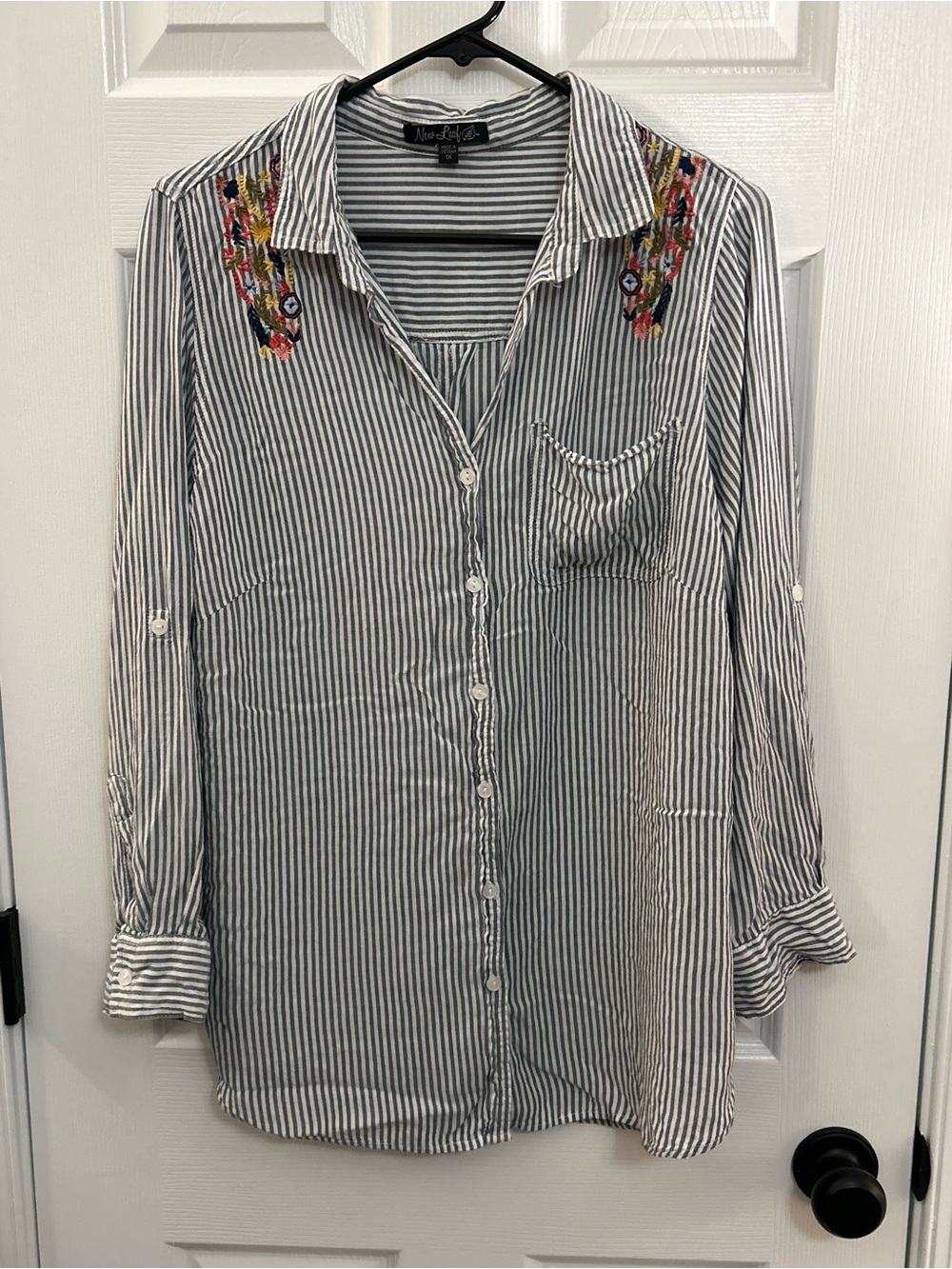 New Leaf 1X Embroidered Striped Button Front Roll Tab Blouse Plus Size